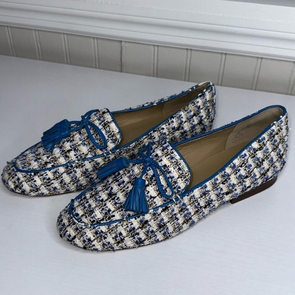 Ann Taylor Ursula Tweed Tassel Loafers Blue Size 7M Slip On Round Toe - Picture 2 of 8